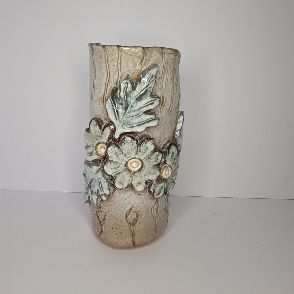artisan pottery vase applied flowers raised glazed signed JW 8inch